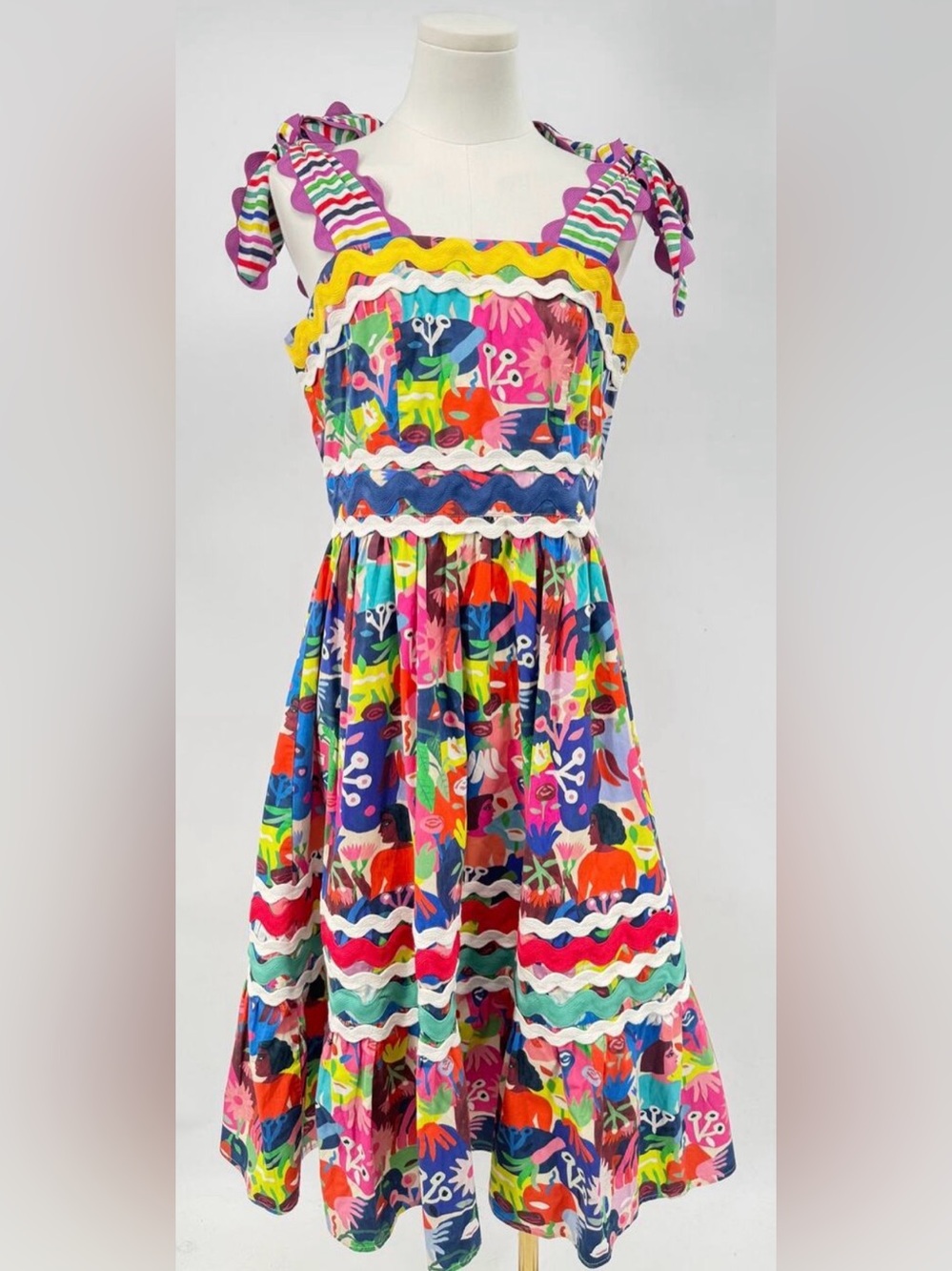 Celia B Love Midi Dress Multi Floral Tie Shoulder Midi Ric Rac Whimsical Large L